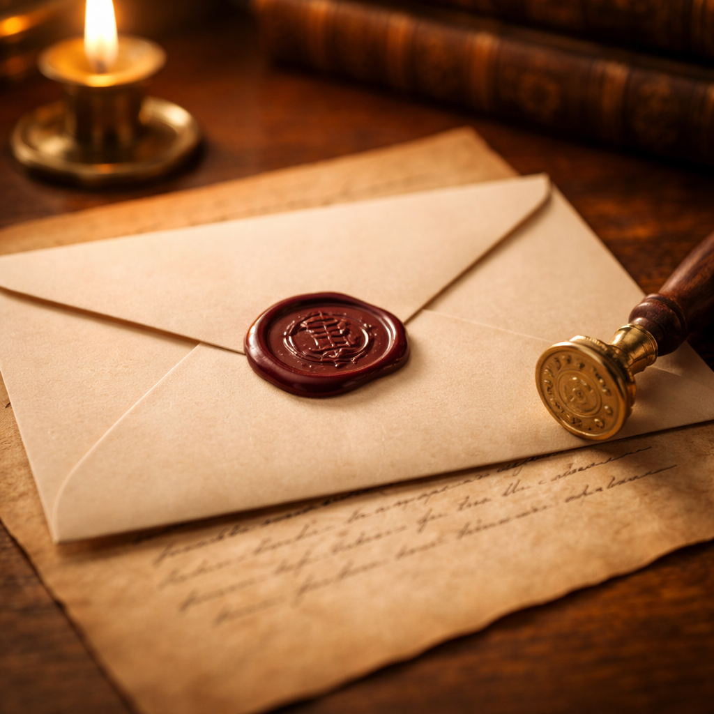Cream envelope with burgundy wax seal and brass stamp by candlelight