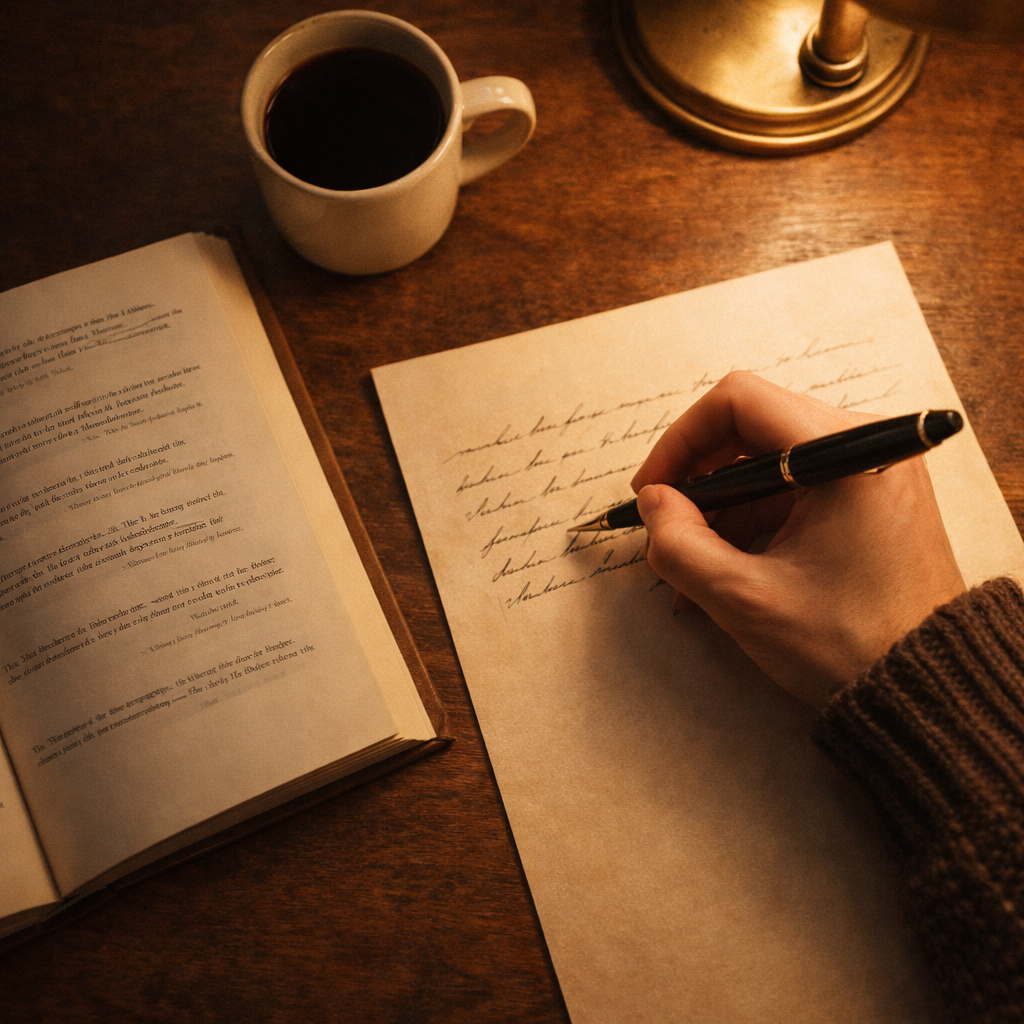 Hand writing a letter with fountain pen next to open book and coffee